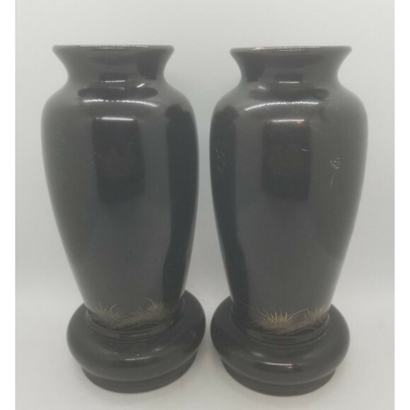 1950's Japanese Black Laquer Over Wood Vases Interior Liners Hand Painted Pair - Picture 4 of 12